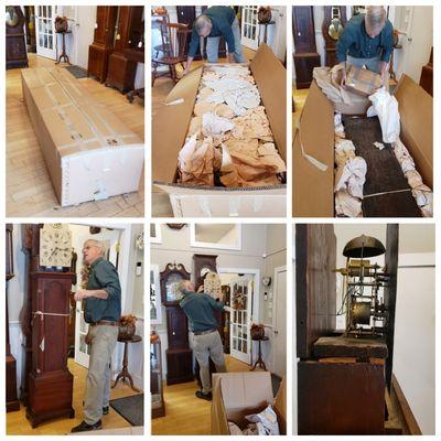 Unpacking a tall clock for a customer that was in storage for over 20 years. A New Hampshire tall clock, circa 1800, to be restored.