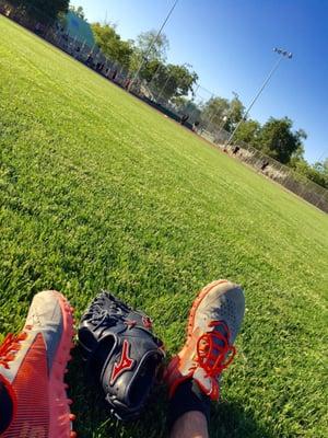 My sanctuary. Stretching in Center Field before the game.