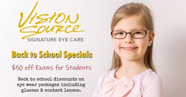 Back-to-School Special! $50 off a student exam. We also have awesome eye-wear packages! Make an appt. at http://visionsource-kingsford.com/