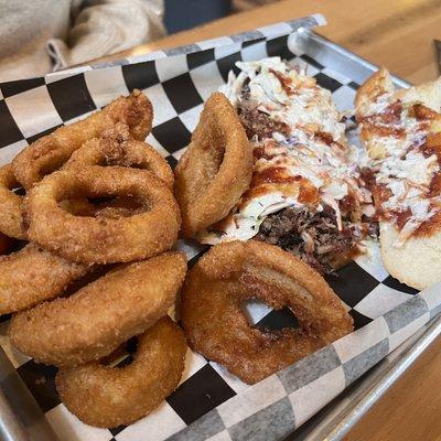 BBQ pulled pork sandwich w/ onion rings