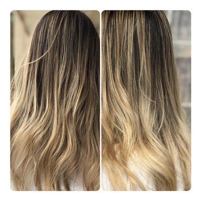 Full head balayage/foilayage retouch with gloss and olaplex