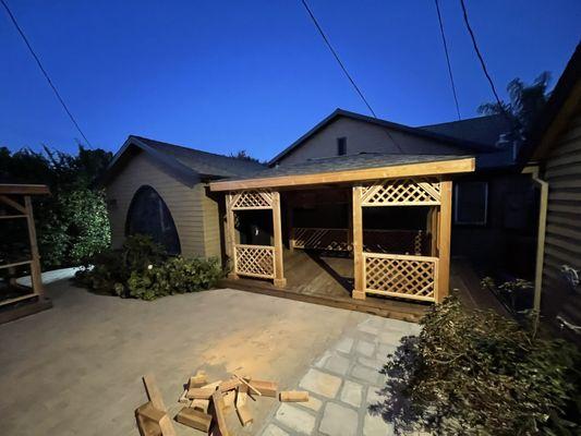 Pergola + paver stone + concrete path