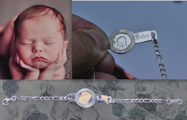 Handcrafted .925 sterling bracelet featuring hand engraved baby's photo.