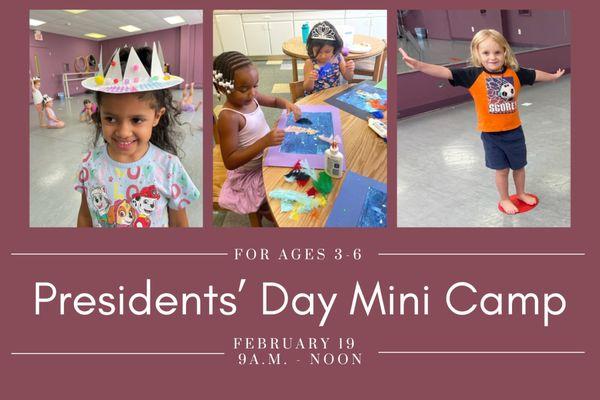 Send kids ages 3-6 on a creative adventure at our Presidents' Day Mini Camp.