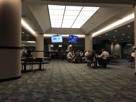 TVs with news and weather. Plenty of tables and seating.