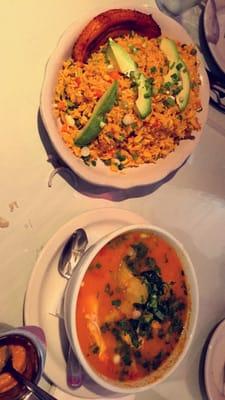 Arroz con pollo and fish soup