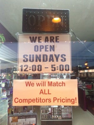 False advertising! Huge sign says "open Sundays 12;00-5:00pm" - store was completely dark & locked up by 4:30pm!