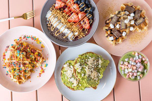 Açaí bowls, Avocado toast, waffles, and Matcha