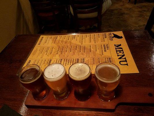 Flight of Beers , fried oluves and Beer Battered Corn Dogs