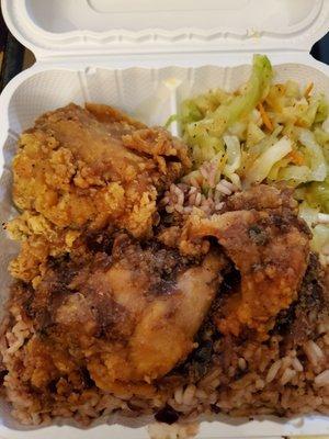 Fried Chicken entree with rice and beans