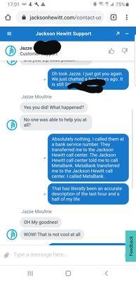 One of many chats with Jackson Hewitt customer support