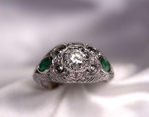 Custom-made 14K White Gold Antique Style Diamond & Emerald Ring