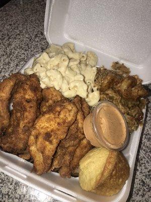 Bayou Box 
Fried Chicken 
Featured sides are 6MAC & shrimp Jambalaya
*all boxes include a cornbread muffin and (1) swamp sauce*