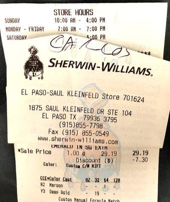 Receipt from paint purchase, includes address & I wrote name of super staff on it.