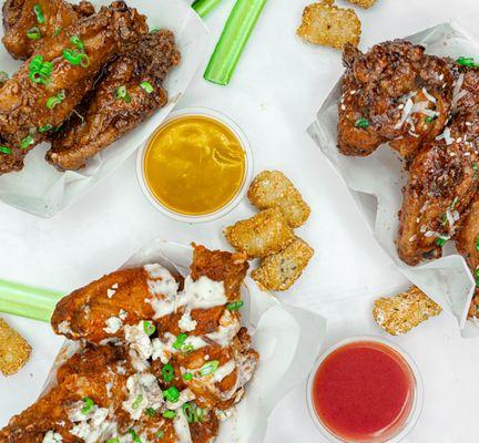 Teryaki wings, Mild Buffalo wings, Thai Chili wings and tasty tots