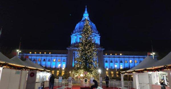 Christmas Tree in front of City Hall as viewed from the ice rink