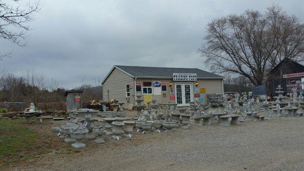 Lots of concrete garden decor at Buckeye Trading Post!  Birdbaths, fountains, benches, statues, plaques, and more!