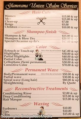 List of services and prices.