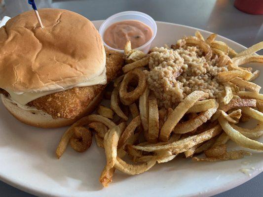 "Fishwich" with über-garlic curly fries and fry (aka, 'comeback') sauce. Excellent!