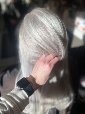 Toner/gloss on natural grey hair to remove yellow hues and add softness and shine.