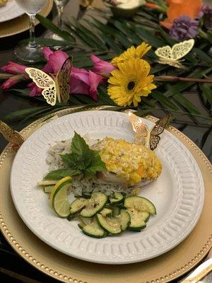 Mahi Mahi with Shrimp, Mango, and Coconut Crust