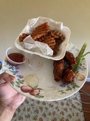 Spicy Honey BBQ wings with sweet potato fries