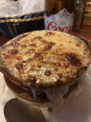 French onion soup and cold beer at Sheerhans