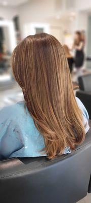 Beautiful Carmel brunette by Gina! 10 years Aveda experienced professional. Wed-Sat.