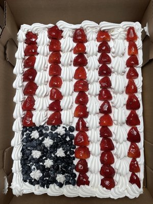 Flag cake with chocolate cream and strawberries