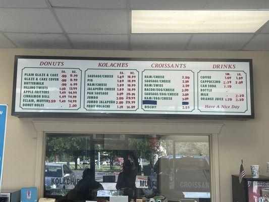 Kyles Donuts menu April 2024