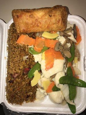 Moo Goo Gai Pan Deluxe Combination with Roast Pork Fried Rice and an Egg Roll.