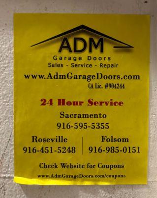 ADM Garage Doors service sticker:  The best garage door service provider doing business for more than 20 years.