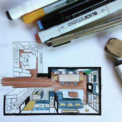 Apartment remodel sketch with furniture and colors