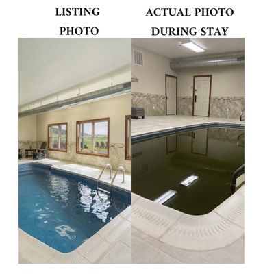 Pool was dark green and completely unusable during our entire stay (right).. Photo on the left was our expectation from the airbnb listing.