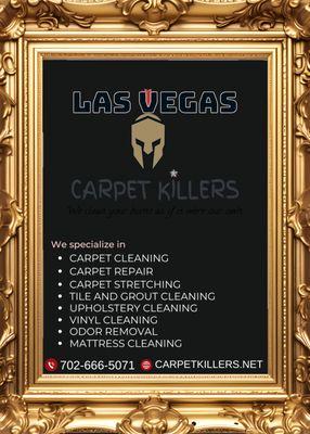 Carpet Cleaning
Carpet Repair and Stretching
Tile Cleaning
Odor Removal
Mattress Cleaning
Water Extraction