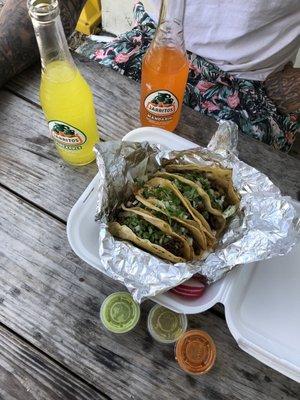 Birria tacos were the best. Also pictured are chicken and steak.