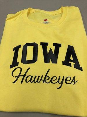 Iowa logo cut from heat seal vinyl and applied to the front of a Hanes T-shirt.