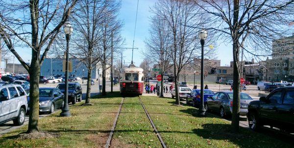 A Kenosha Electric Railway streetcar boarding at 8th Avenue and 56th Street.