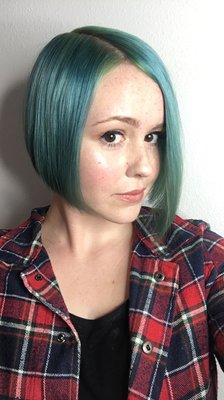 Blue-green bob, colored, cut, and styled by Ashley