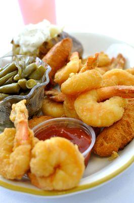 Large tail-on white shrimp, fried golden brown!