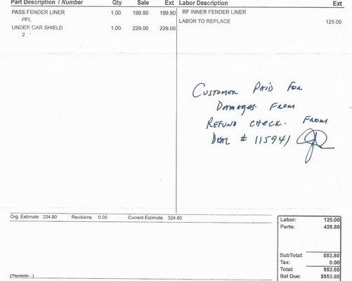 I'm not an expert on parts costs. I could be completely off here. Bad luck it went just over $500, otherwise we would not have had to pay.