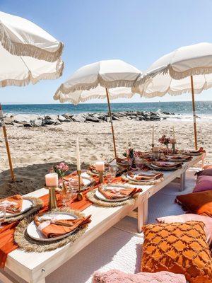 Boho picnic set up at Will Rogers State Beach.