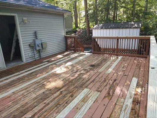 We addressed the deck boards needing replacement. Then finished with a complete sanding and paint and this deck looks better than ever.