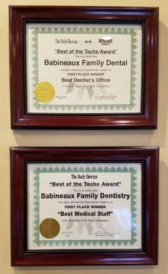 Babineux Family Dental - Certificates for Best of the Teche 2019 & 2015