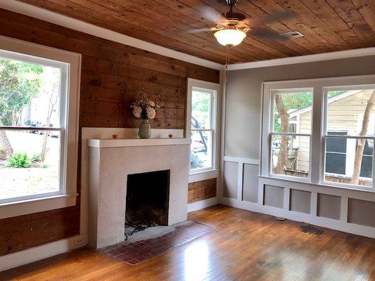 San Antonio Renovation - restored original shiplap walls/ceiling, wood floors, fireplace & more