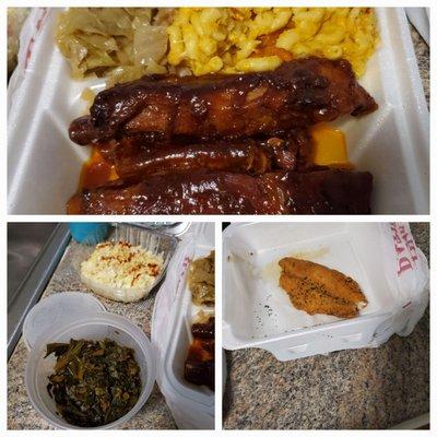 Ribs,, mac cheese,, cabbage,, greens,, fish,, potato salad