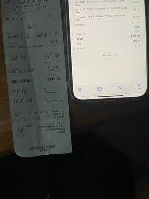 Receipt proving the additional service charge