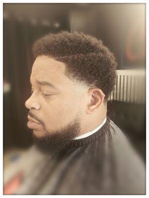 Sponged Fro w/part, low taper, and beard trim