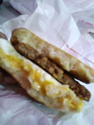 Inside sausage, egg and cheese muffin