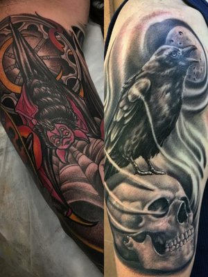 An arm with a bat and another arm with a raven and skull done at True Tattoo by Tony Amundson